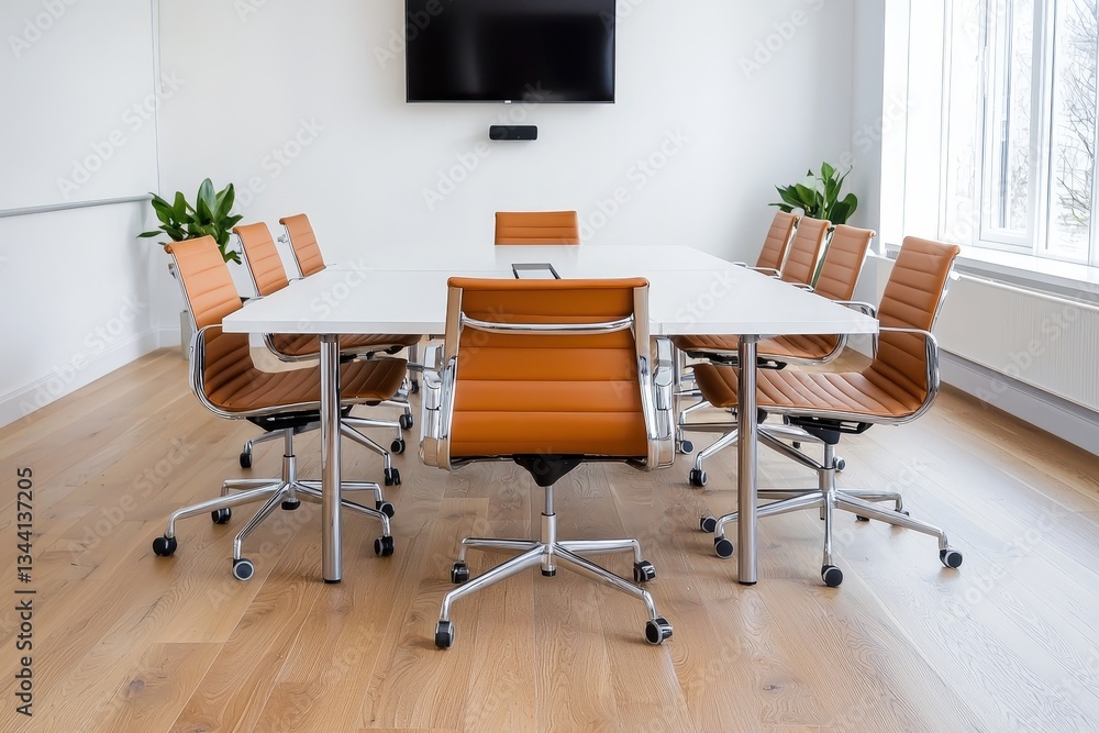 Fototapeta premium A modern office conference room with a large white table, stylish orange chairs, and a bright, professional atmosphere.