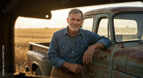 Elderly Farmer in Denim Leaning on Vintage Truck at Sunset, Rural Lifestyle and Farming Culture in Wheat Field