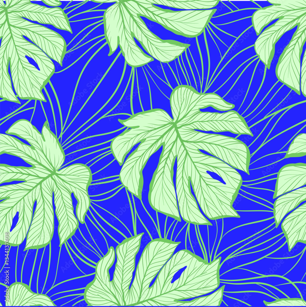 Naklejka premium Tropical leaf vector background with monstera. Summer botanical pattern.