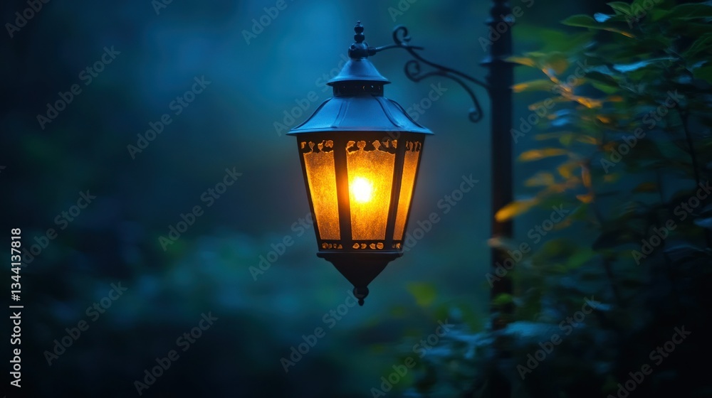 Antique lantern illuminates misty garden Antique lantern illuminates misty garden