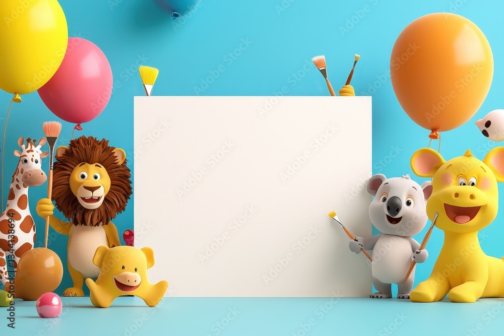 Fototapeta premium A cheerful and playful kids’ design with adorable animal characters holding paintbrushes and a white board for custom messages.