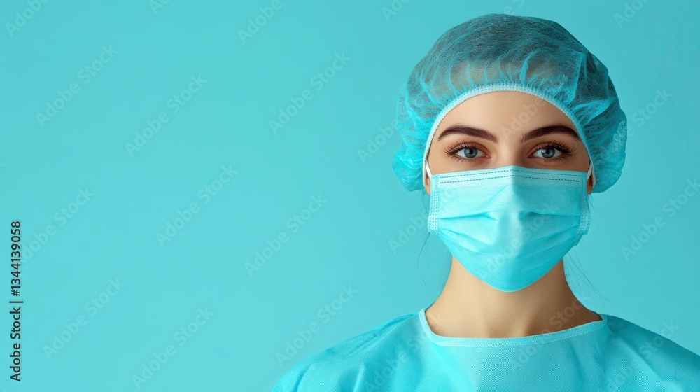 Healthcare Professional in Scrubs, Mask, and Cap on Blue Background Healthcare Professional in Scrubs, Mask, and Cap on Blue Background