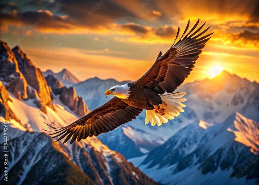 Fototapeta premium Majestic Bald Eagle in Flight Over Dramatic Mountain Range - Stock Photo