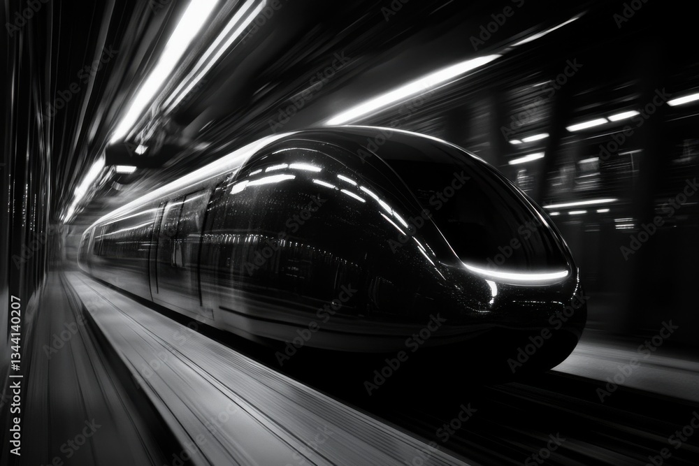 Fototapeta premium Futuristic train in motion with high contrast lighting and negative space on left