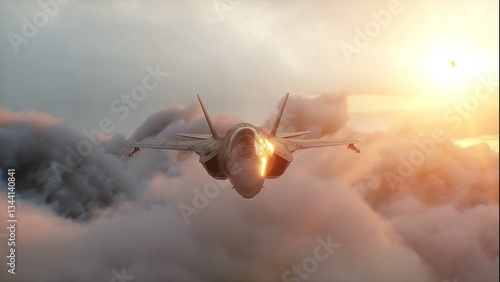 Military fighter jet F-35 flying over clouds. Air force. 3d rendering.