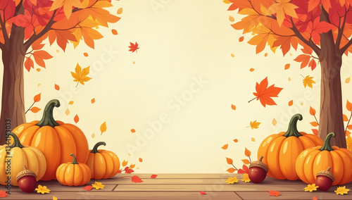 autumn leaves pumpkins acorns create colorful fall scene greeting cards banners posters cartoons flat cartoon