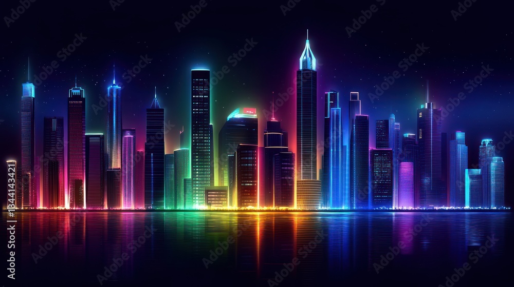 Neon city skyline at night, reflected in water Neon city skyline at night, reflected in water