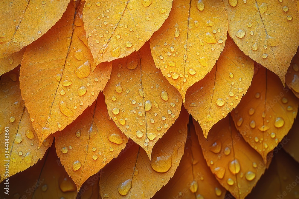 Obraz premium Autumn Leaf Details with Water Droplets Close Up Dried Foliage Natural Textures