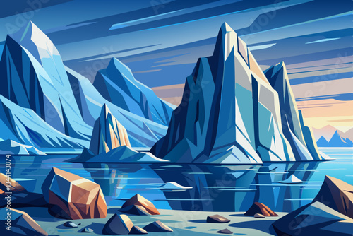 iceberg mountains with lakes and beautiful sky vector cartoon