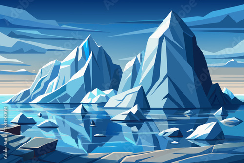 iceberg mountains with lakes and beautiful sky vector cartoon