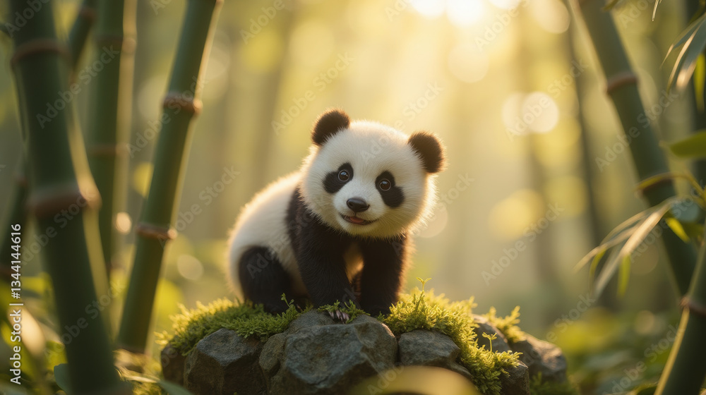 Fototapeta premium cute panda cub sitting on rock surrounded by bamboo in serene forest. sunlight filters through trees, creating magical atmosphere