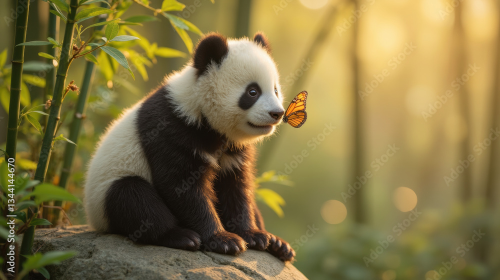Fototapeta premium playful panda cub sits on rock, curiously observing butterfly in serene bamboo forest