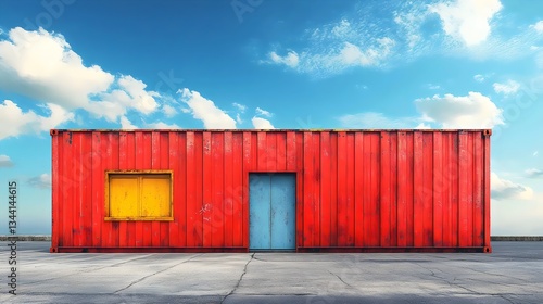 A red building with a yellow window and blue door