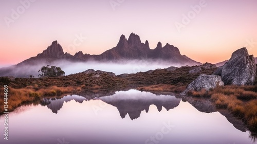 Misty mountain reflection at dawn