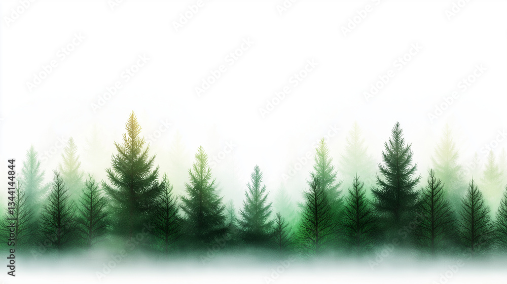 Obraz premium serene abstract watercolor illustration featuring misty forest landscape with tall evergreen trees various shades of green. soft fog creates tranquil atmosphere, evoking sense of calm and nature