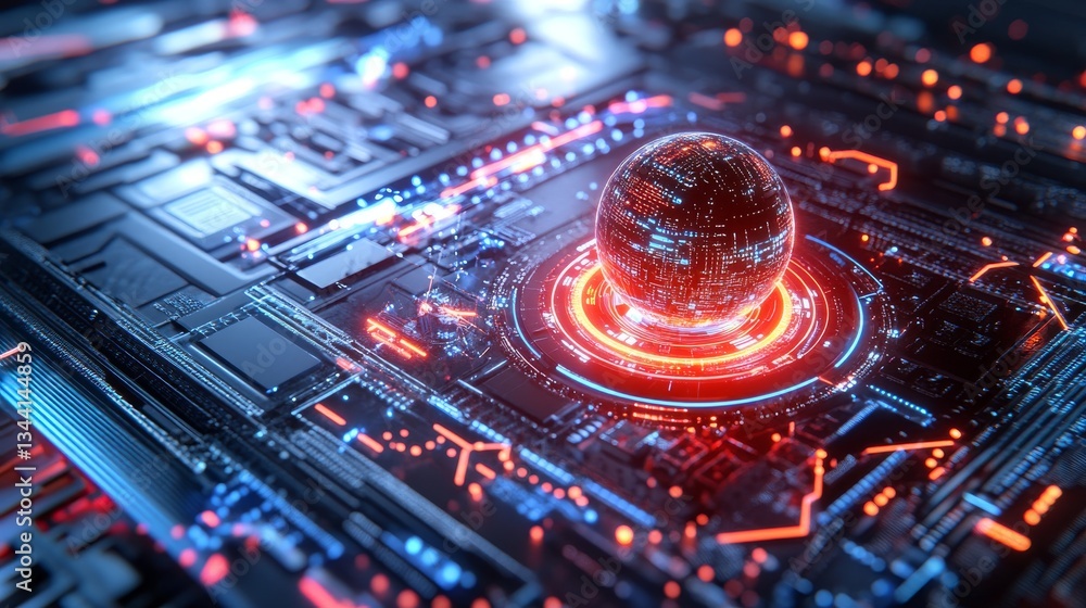 Fototapeta premium Futuristic Technology Sphere Digital Circuit Board 3D Render High-Tech Environment Close-Up View Innovation Concept