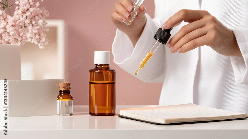 Person in a white coat using a dropper to dispense liquid from a bottle in a serene setting Person in a white coat using a dropper to dispense liquid from a bottle in a serene setting