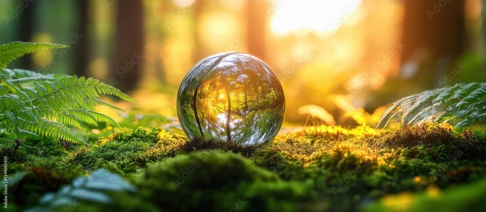 Eco-Friendly Glass Sphere on Moss with Sunlight in Nature Eco-Friendly Glass Sphere on Moss with Sunlight in Nature