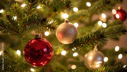Decorative Christmas tree adorned with ornaments, festive celebration