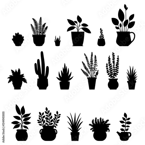 Vector illustration. Large set of flower plants in pots. Silhouette big set.	
