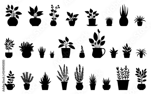 Vector illustration. Large set of flower plants in pots. Silhouette big set.	
