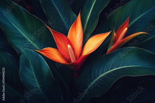 Wallpaper Mural Tropical Heliconia Flower Lush Green Leaves Botanical Composition Torontodigital.ca