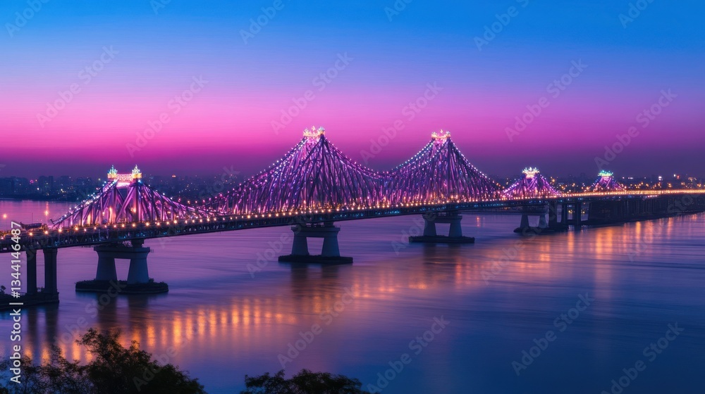 Fototapeta premium Dramatic suspension bridge illuminated at twilight with pastel sky backdrop