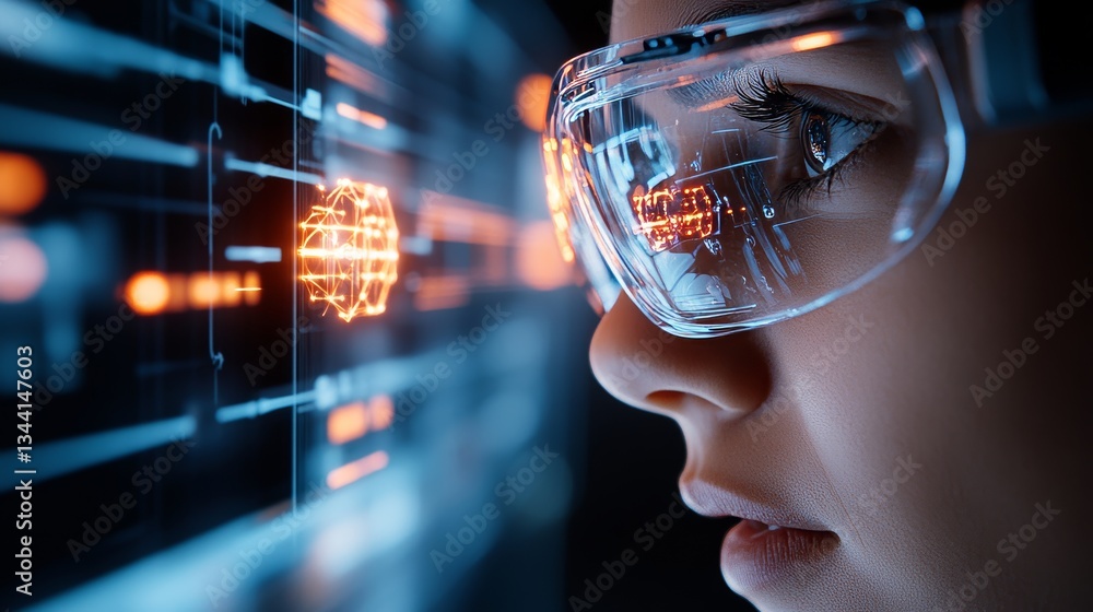 Woman Wearing Smart Glasses Viewing Digital Interface in Futuristic Space Technology Close-Up Virtual Reality Experience Woman Wearing Smart Glasses Viewing Digital Interface in Futuristic Space Technology Close-Up Virtual Reality Experience