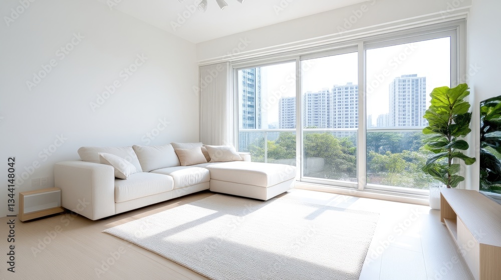 Fototapeta premium Bright, modern living room with a view. Spacious, light-filled space with a comfortable sectional sofa, large windows showcasing a cityscape, and a touch of greenery