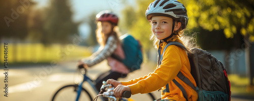 Children with backpacks riding by bicycle from school together. Education concept.
