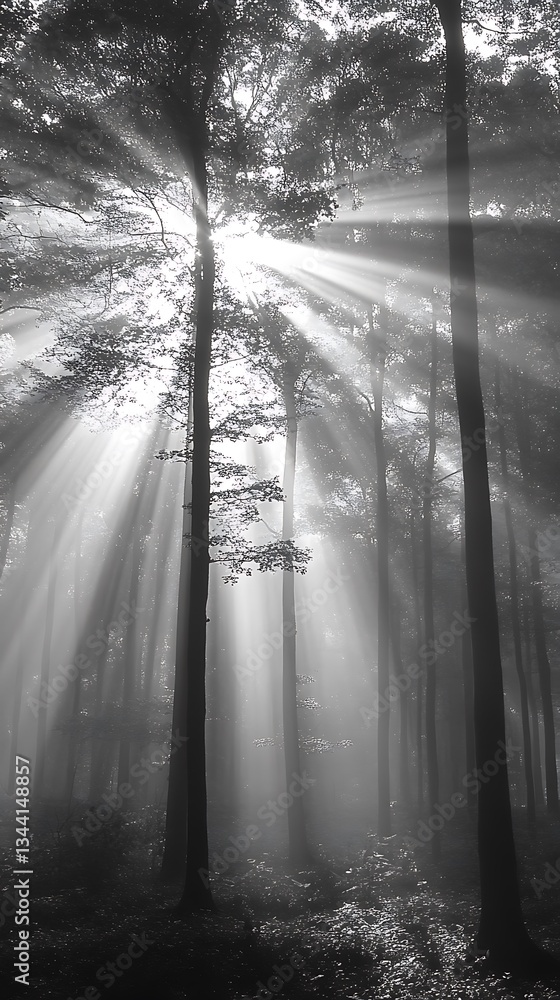 Naklejka premium Sunbeams through misty forest.