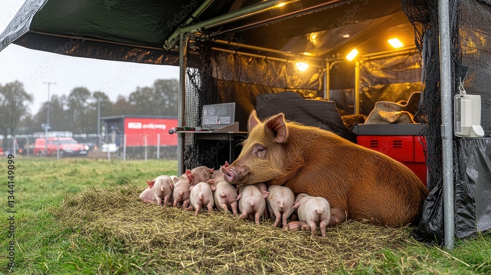 Sow nursing piglets in modern macro farm enclosure. Ai generated