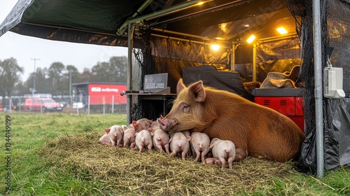 Obraz na płótnie Sow nursing piglets in modern macro farm enclosure. Ai generated w salonie