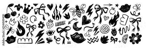 Punk girl doodle grafitti. Bow girly tattoo. Cute crayon heart, cherry, bow. Rock star vintage grunge vector. Punk tattoo icon set. Sketch scribble shape. Chalk ribbon flower kiss. Retro crayon y2k bg