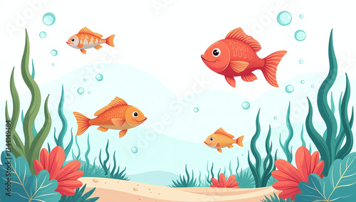 cartoon seaweed fish swim flat ocean scene various sea creatures underwater plants white