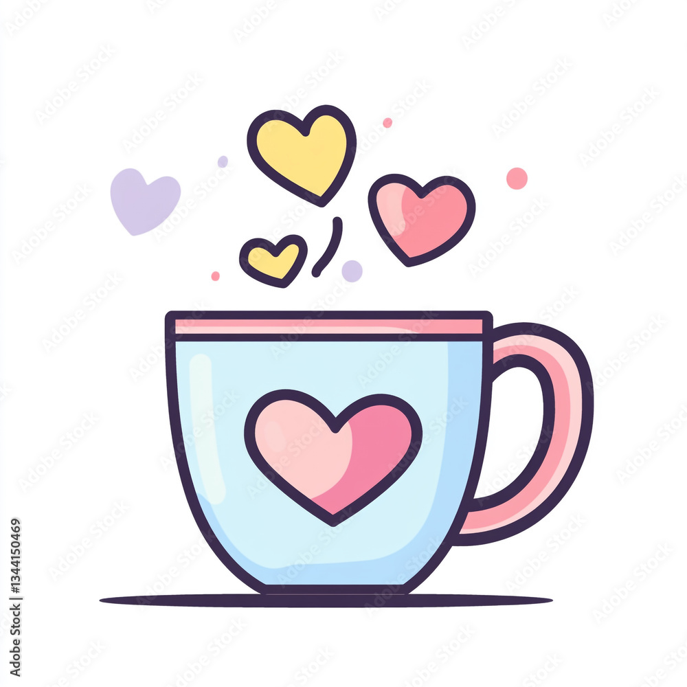 A mug emits steam, surrounded by floating hearts on a white background, exuding warmth and charm in a simple, colorful illustration. A mug emits steam, surrounded by floating hearts on a white background, exuding warmth and charm in a simple, colorful illustration.