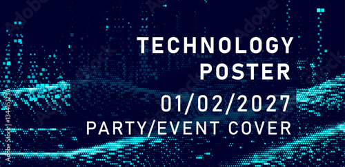 Digital-styled vector illustration features scattered blue pixels against a dark backdrop, cover or poster template for a technology-themed event.