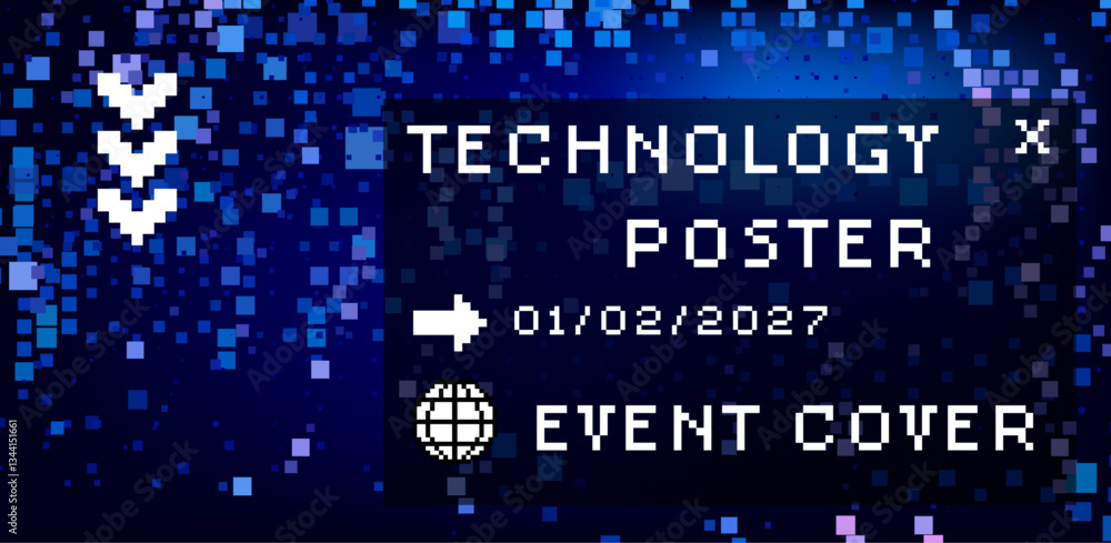 Obraz premium Vector illustration with scattered blue pixels on a dark background. Technology-themed poster or cover for an event.
