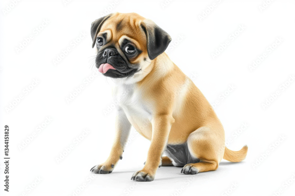 Obraz premium Pug puppy sitting with tongue out, looking forward with expressive eyes and a playful appearance on an isolated white background