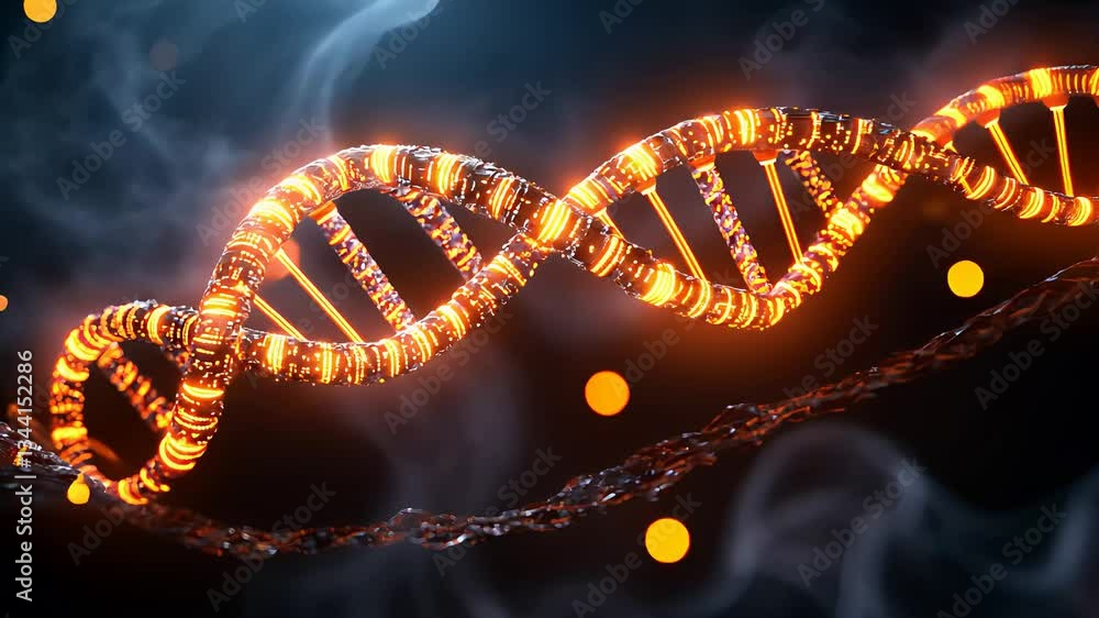 Illuminated DNA strand on a dark background.

