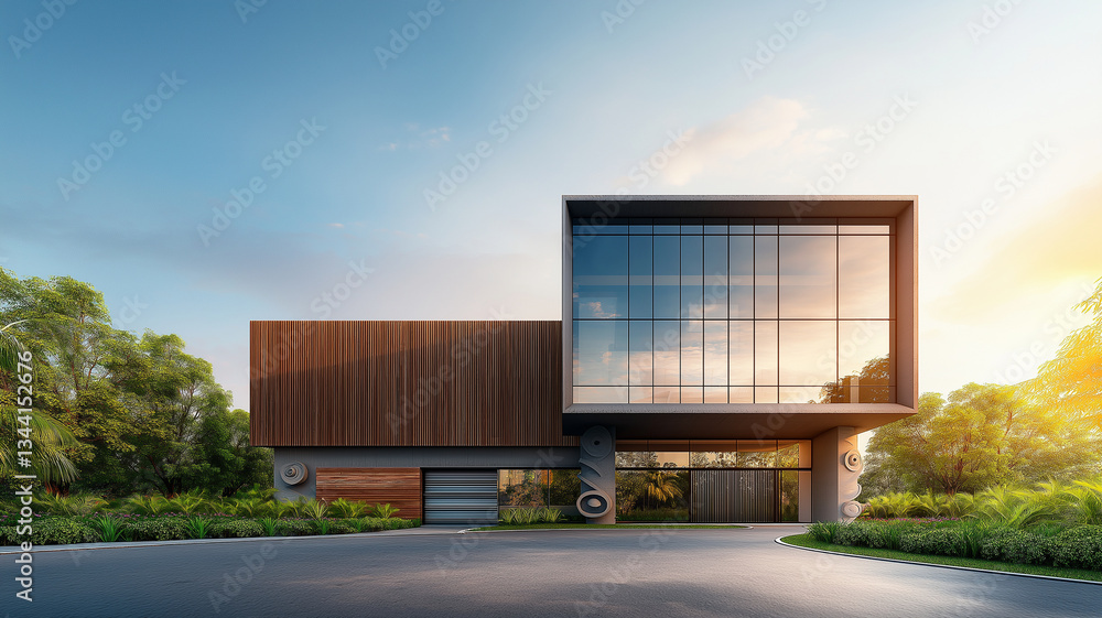 Obraz premium Modern house with wood and glass exterior, showcasing sleek design and large windows. structure is surrounded by lush greenery, creating serene atmosphere