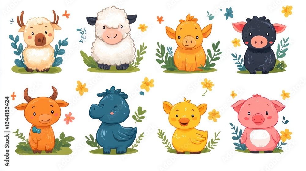Fototapeta premium Adorable cartoon farm animals set.