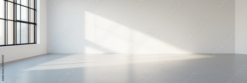 Fototapeta premium A large, empty room with a window that lets in sunlight. The room is bare and uncluttered, with no furniture or decorations. The sunlight streaming in through the window creates a warm