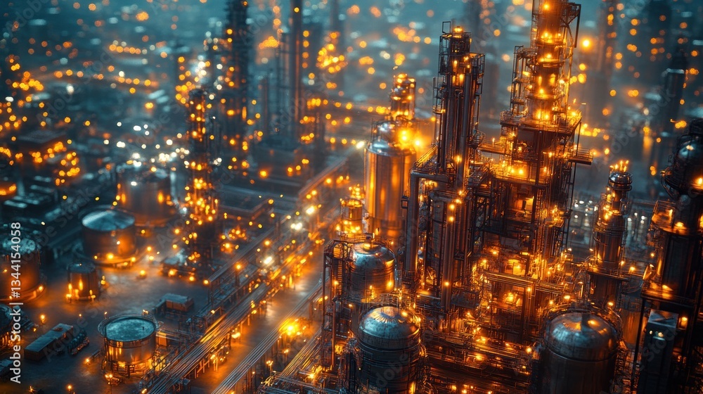 Fototapeta premium Night view of an illuminated industrial refinery complex.