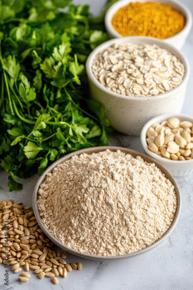 A vibrant arrangement of fresh herbs, various grains, and spices, showcasing a healthy and colorful culinary setup for cooking. A vibrant arrangement of fresh herbs, various grains, and spices, showcasing a healthy and colorful culinary setup for cooking.