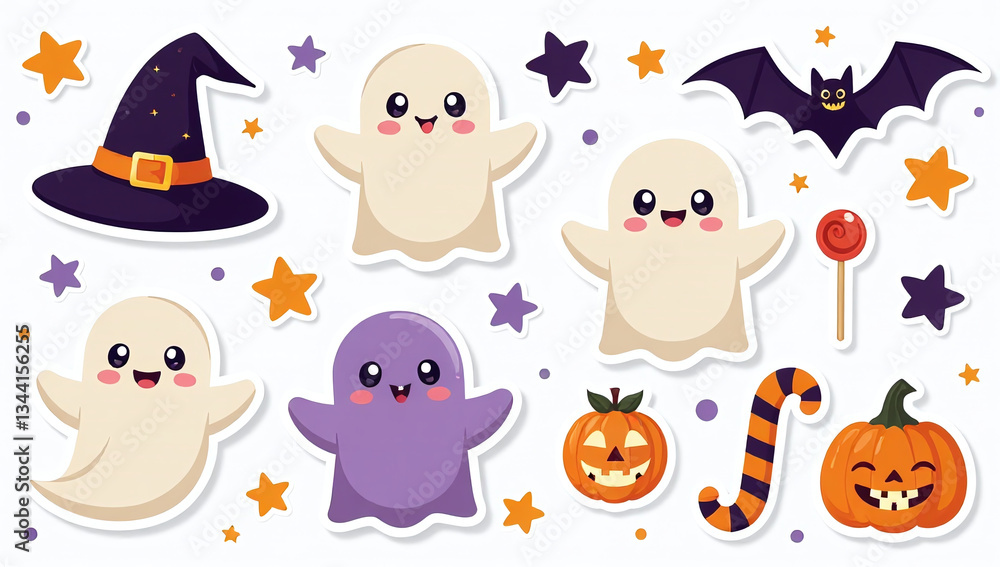 Naklejka premium cute halloween elements include hat ghosts bats candy spooky items perfect stickers illustrations parties