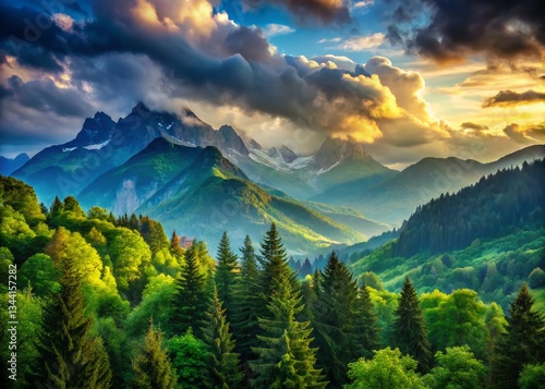 Majestic Mountain Vista Through Trees: Cloudy Sky, Scenic Landscape Photography