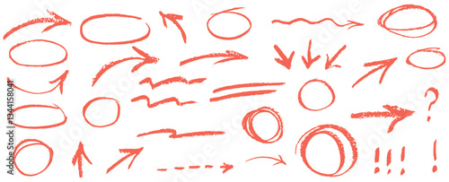 Chalk drawings of arrows and frames. Hand drawn charcoal symbols for hand drawn diagrams. Vector doodle marker drawing. Freehand different curved arrows, swirls, crosses, circles, ovals and scribble.