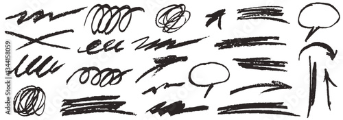 Chalk scribble drawings of arrows and underlines. Hand drawn charcoal symbols for hand drawn highlights. Vector doodle drawing. Freehand curved arrows, swirls, crosses, circles, and squiggle.