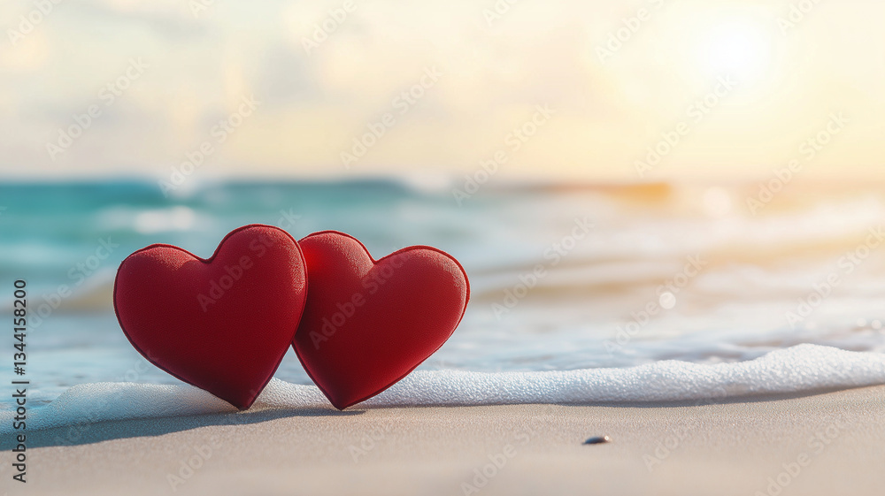 Fototapeta premium Two red hearts resting on sandy beach, illuminated by warm sunlight, create romantic and serene atmosphere. gentle waves lap at shore, enhancing peaceful scene